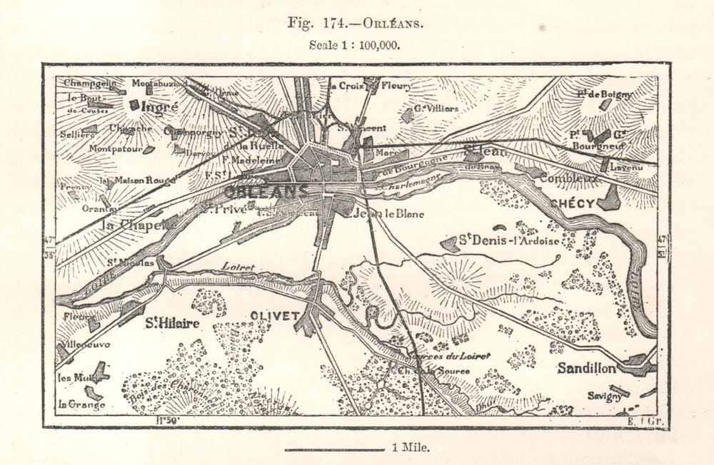 Orléans Orleans & environs. Loiret. Sketch map 1885 old antique plan chart